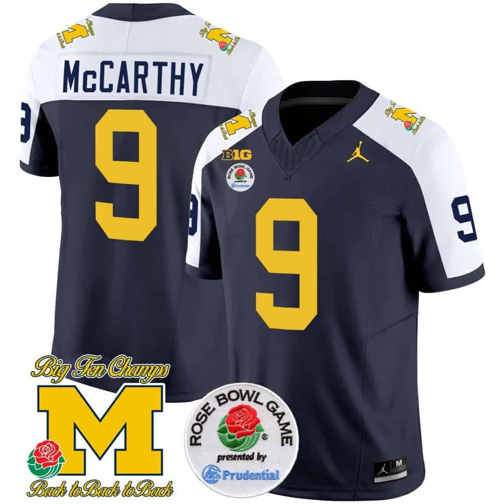 Men Michigan Wolverines #9 Mccarthy Drak Blue 2024 Rose Bowl Patch Vapor Limited NCAA Jersey style 2